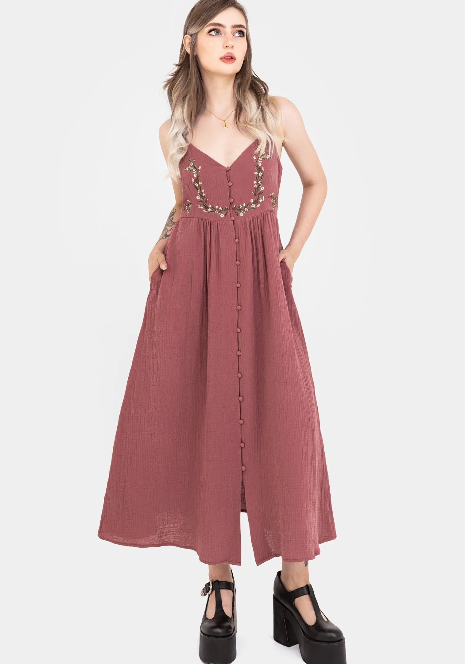 Abundance Cotton Floral Embroidered Bodice Cami Midaxi Dress