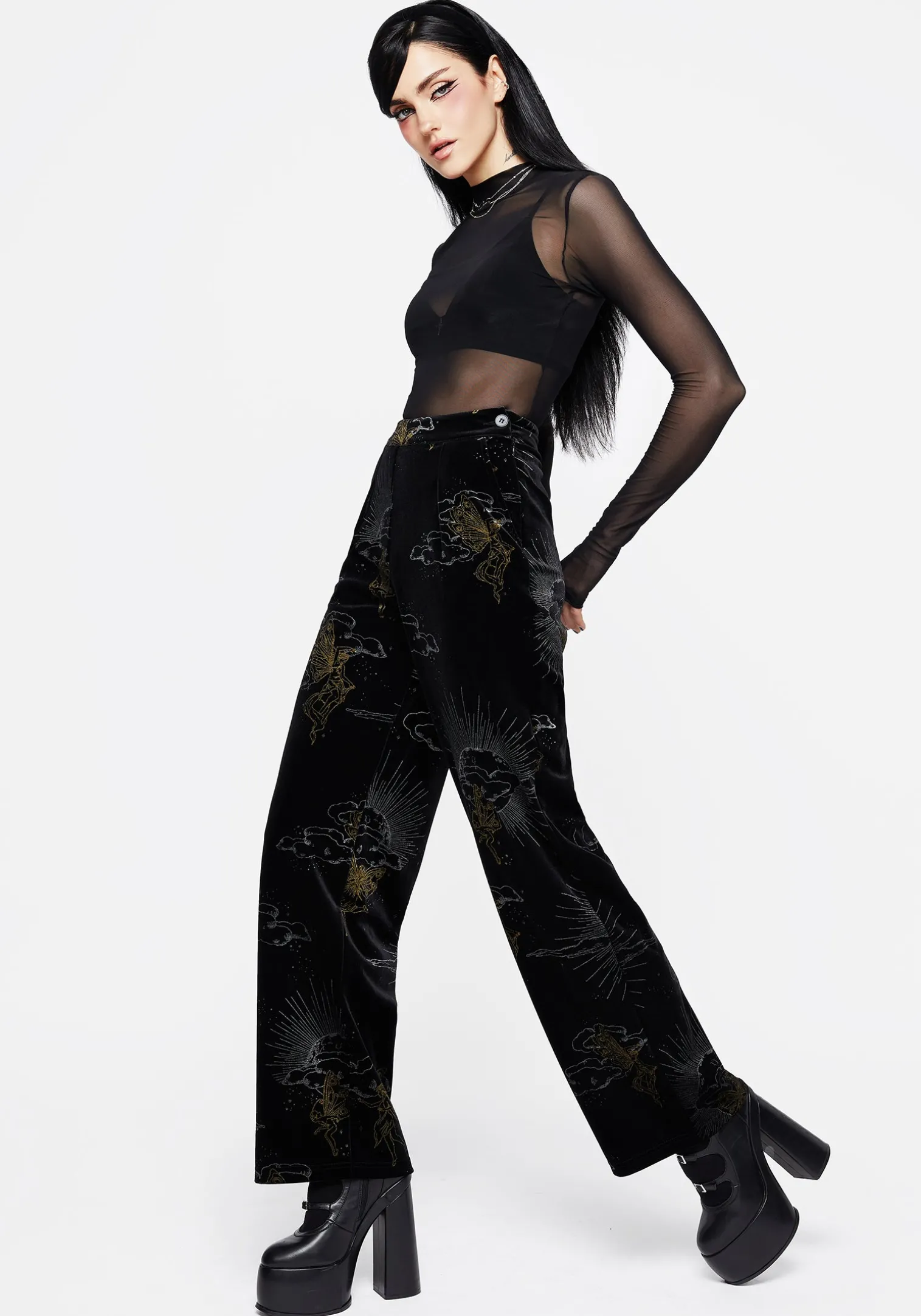 Adelina Foil Print Velour Wide Leg Trousers