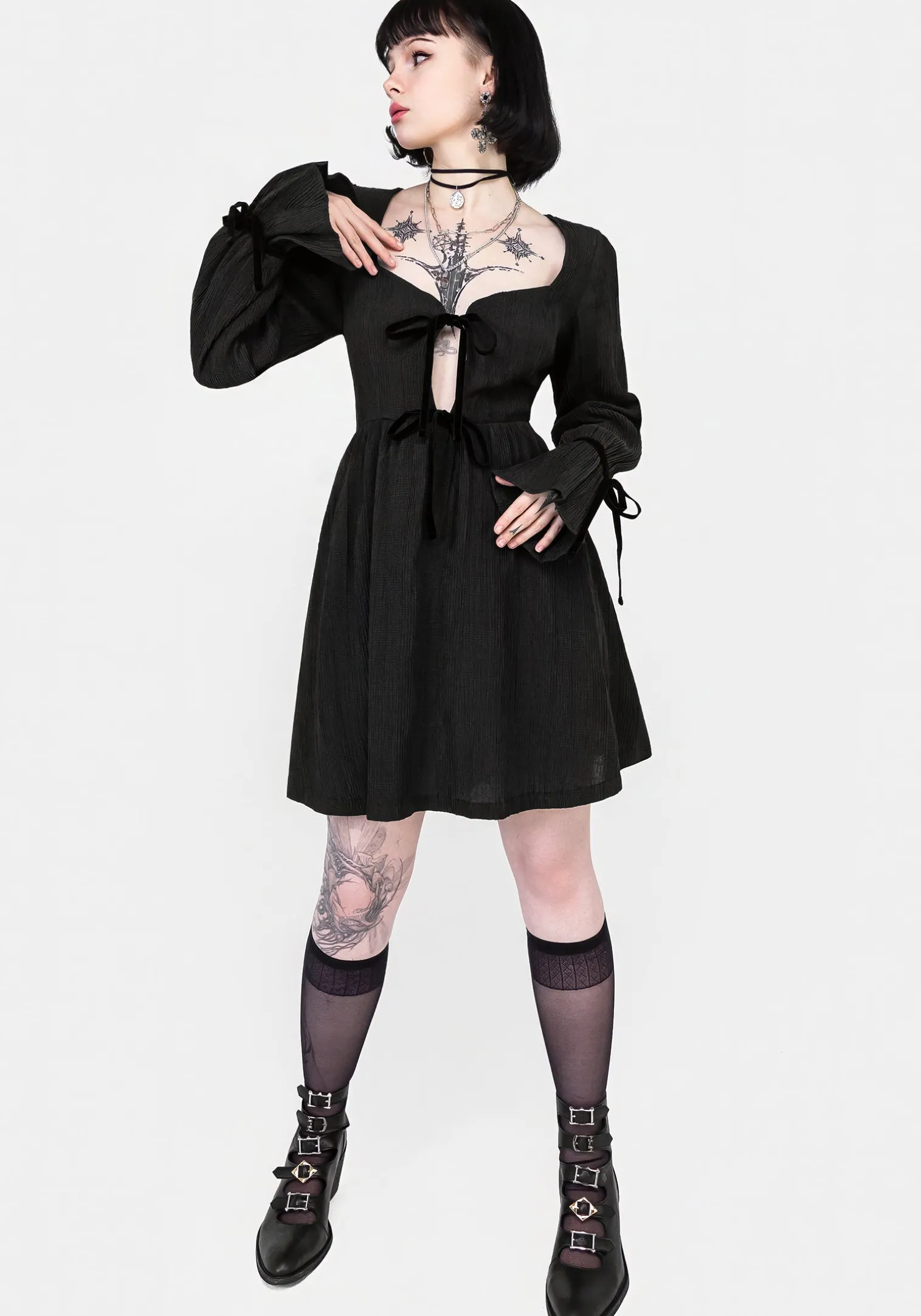 Amity Crinkle Velour Bow Mini Dress
