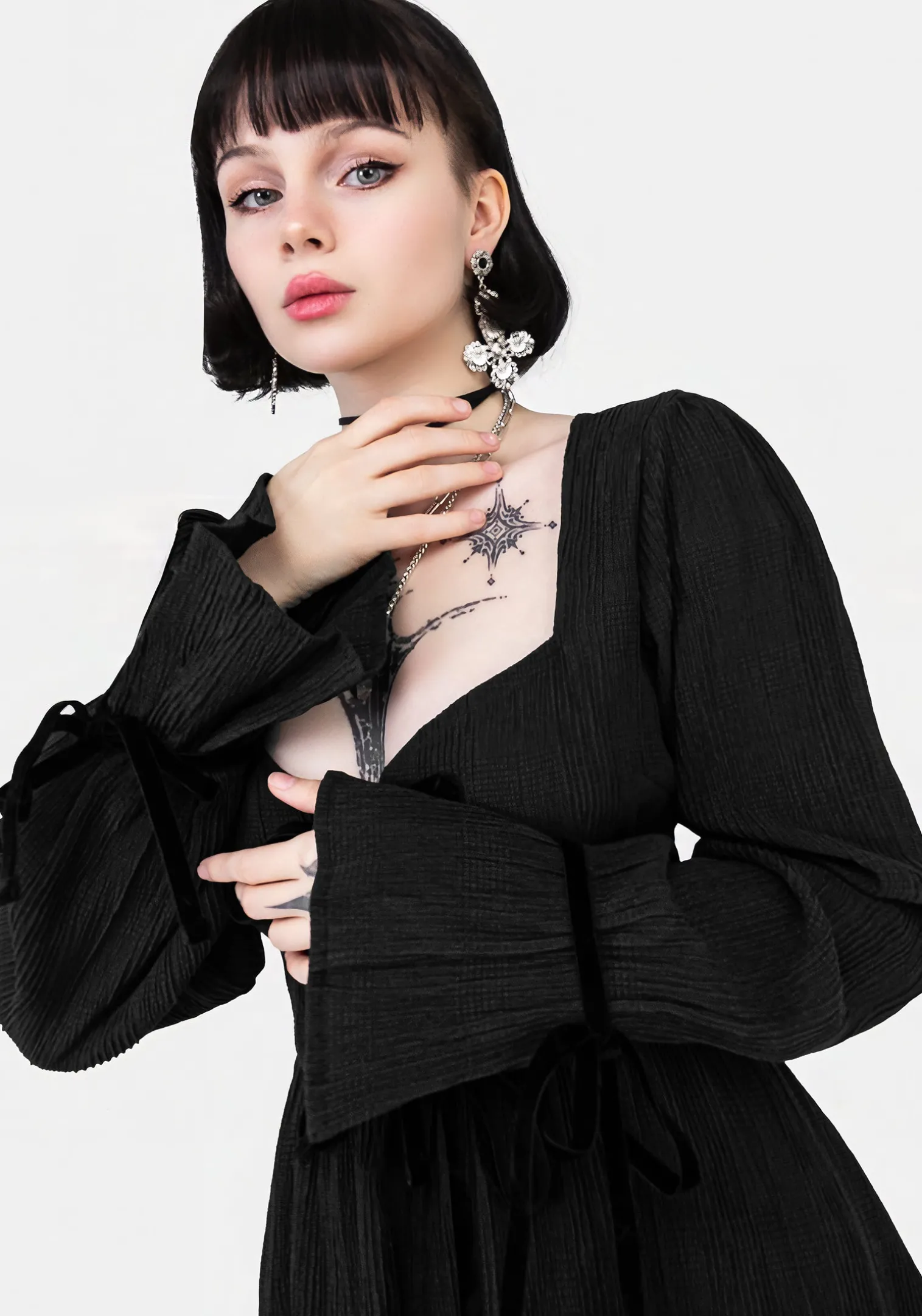 Amity Crinkle Velour Bow Mini Dress
