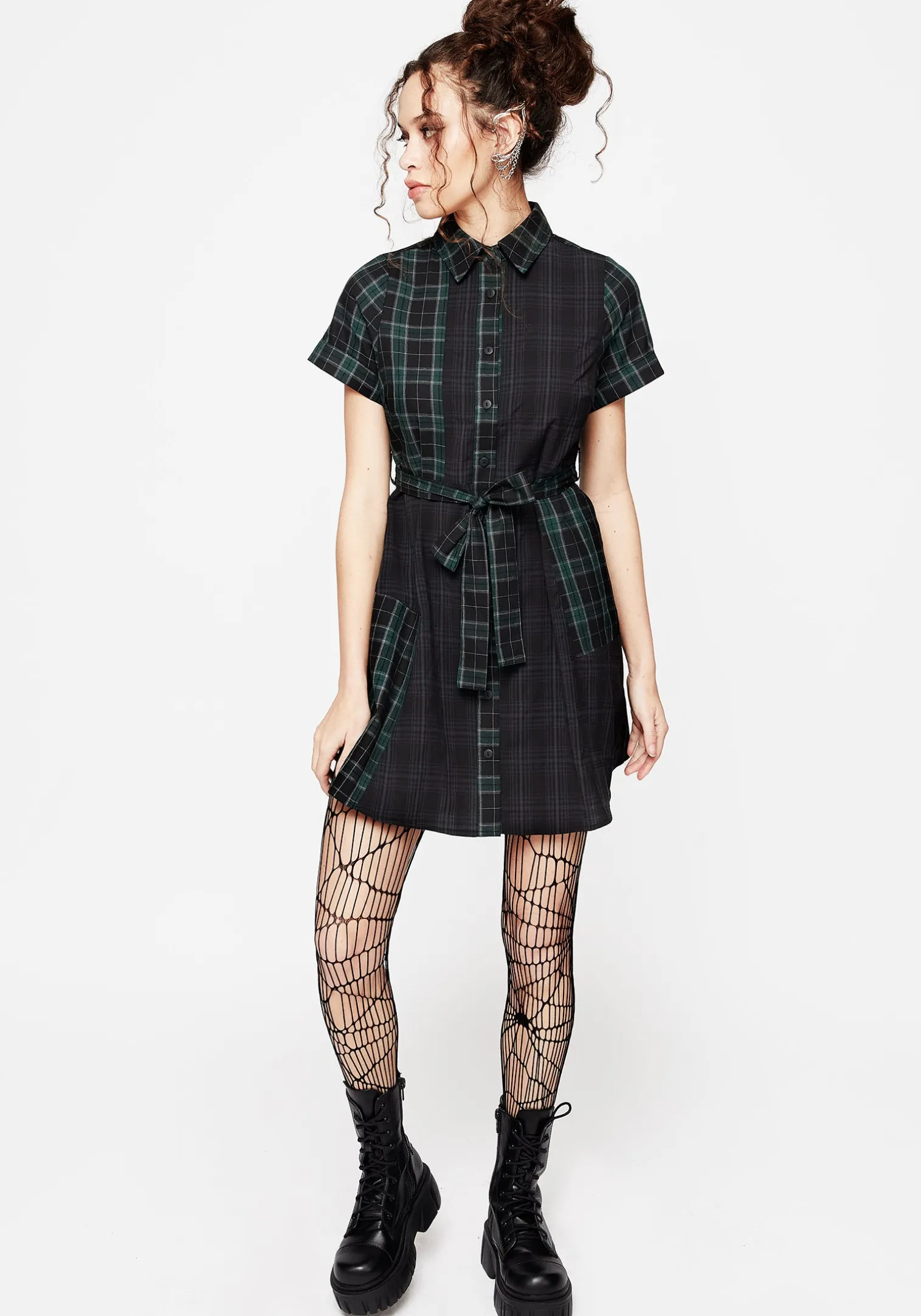 Analogue Check Cotton Mini Shirt Dress