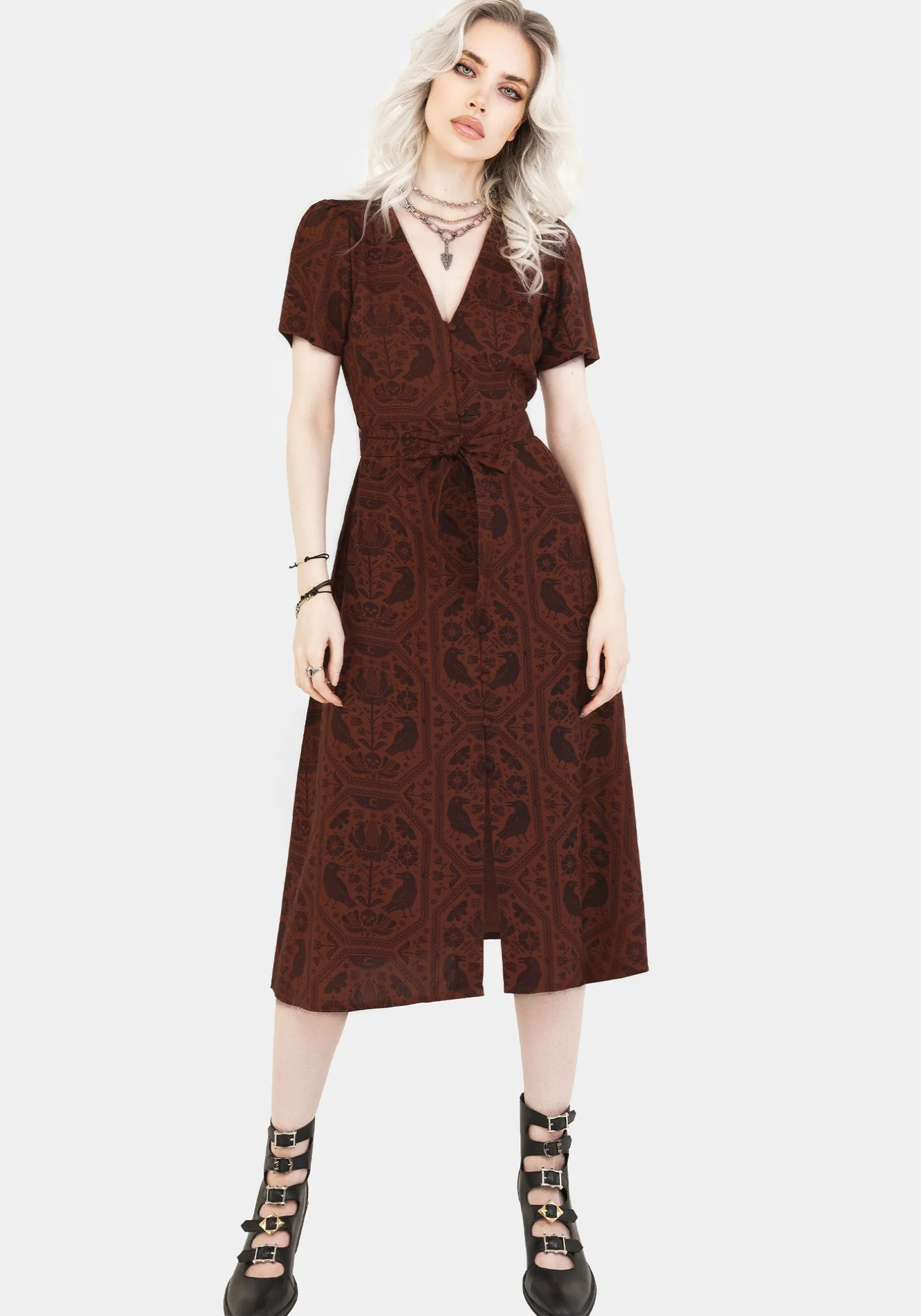 Annabel Raven Print Button Up Midi Dress - Rust