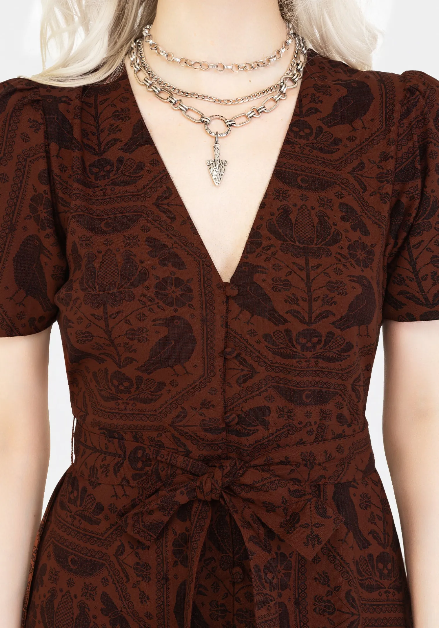 Annabel Raven Print Button Up Midi Dress - Rust