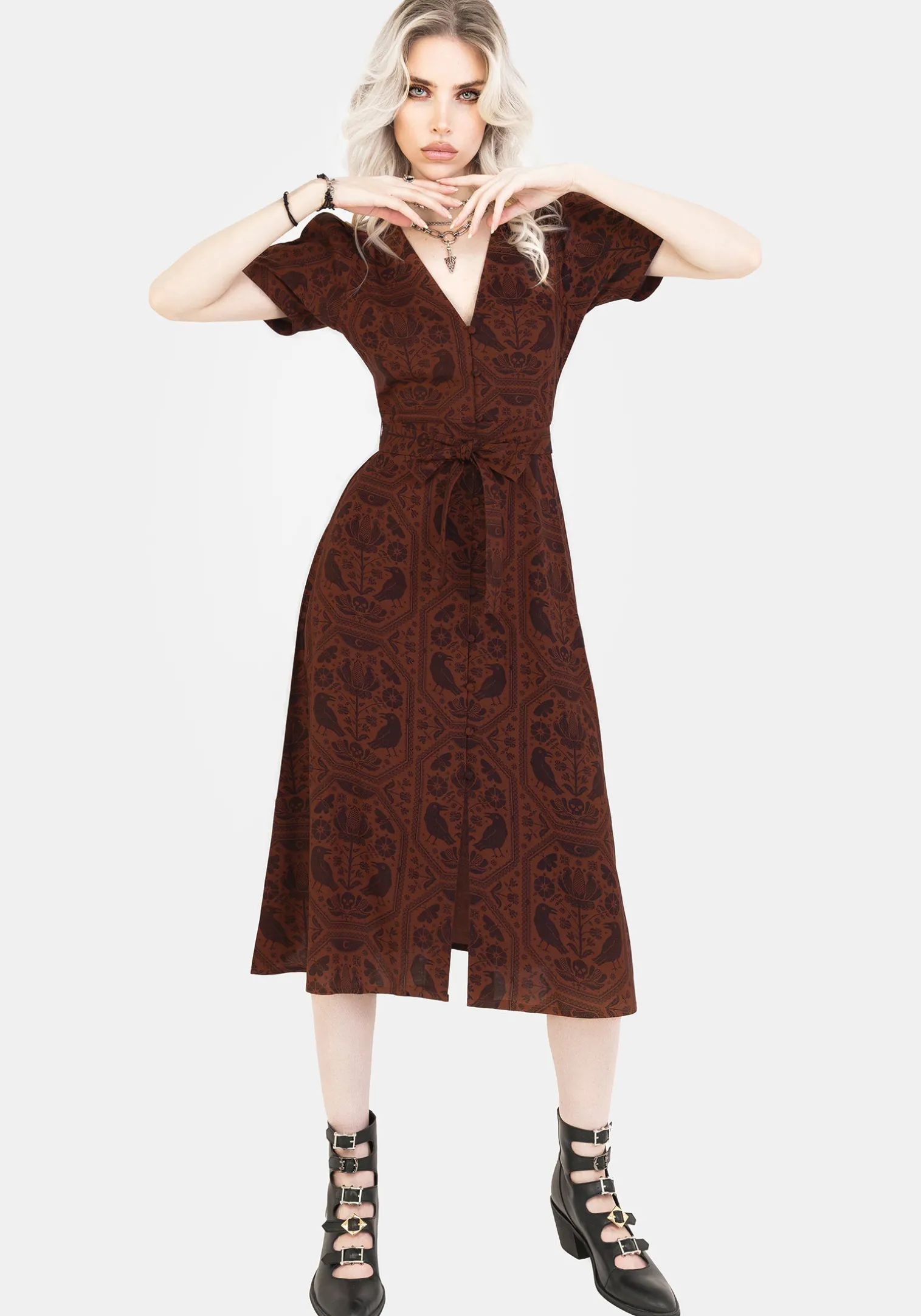 Annabel Raven Print Button Up Midi Dress - Rust