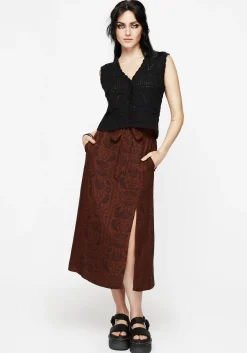 Annabel Raven Print Split Front Midi Skirt - Rust