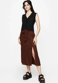 Annabel Raven Print Split Front Midi Skirt - Rust