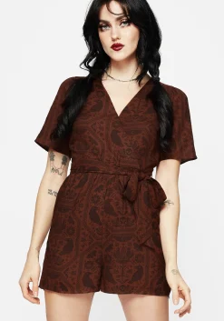 Annabel Raven Print Tie Waist Playsuit - Rust