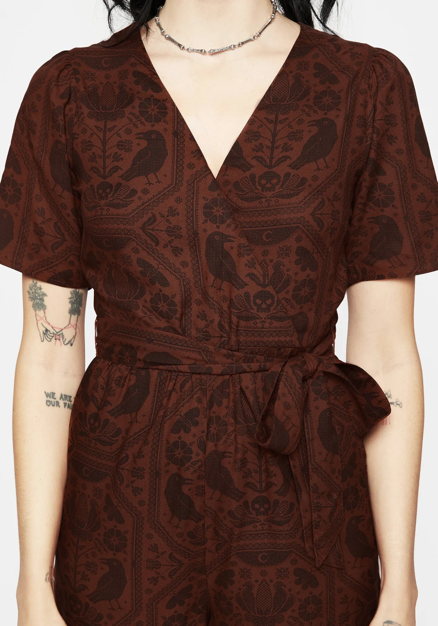 Annabel Raven Print Tie Waist Playsuit - Rust