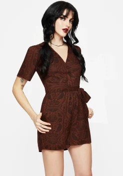 Annabel Raven Print Tie Waist Playsuit - Rust