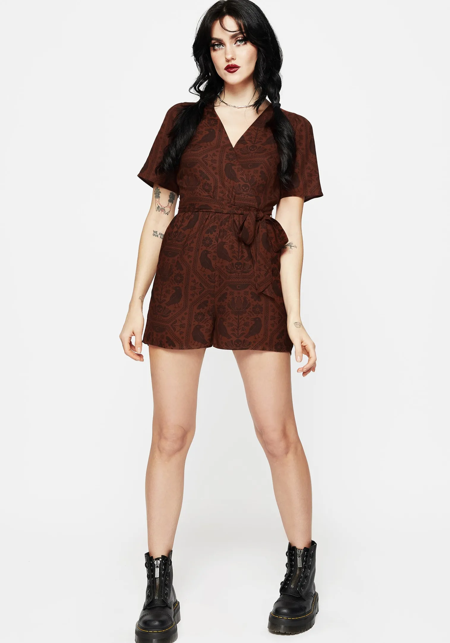 Annabel Raven Print Tie Waist Playsuit - Rust