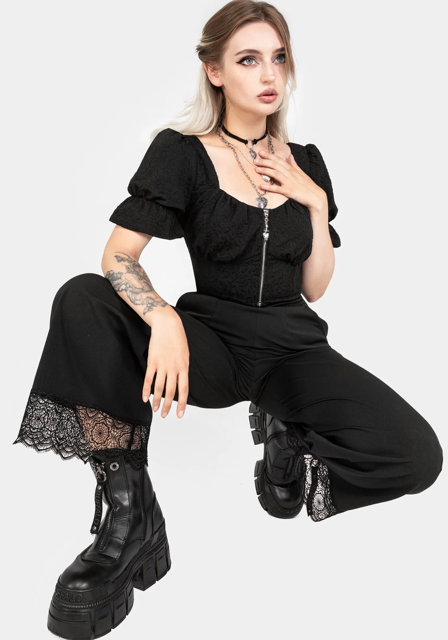 Araneo Lace Hem Wide Leg Trousers