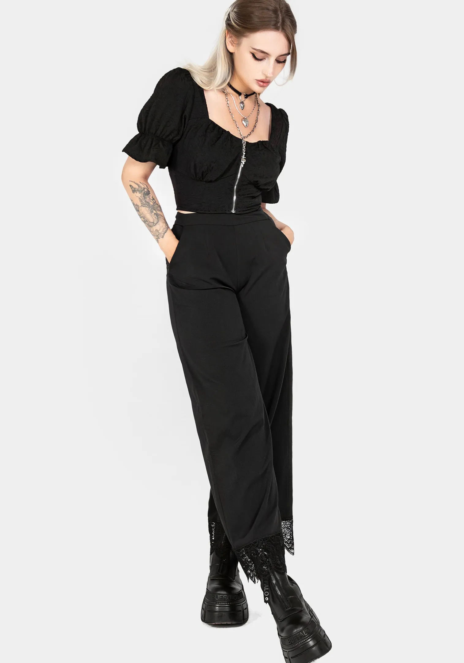 Araneo Lace Hem Wide Leg Trousers