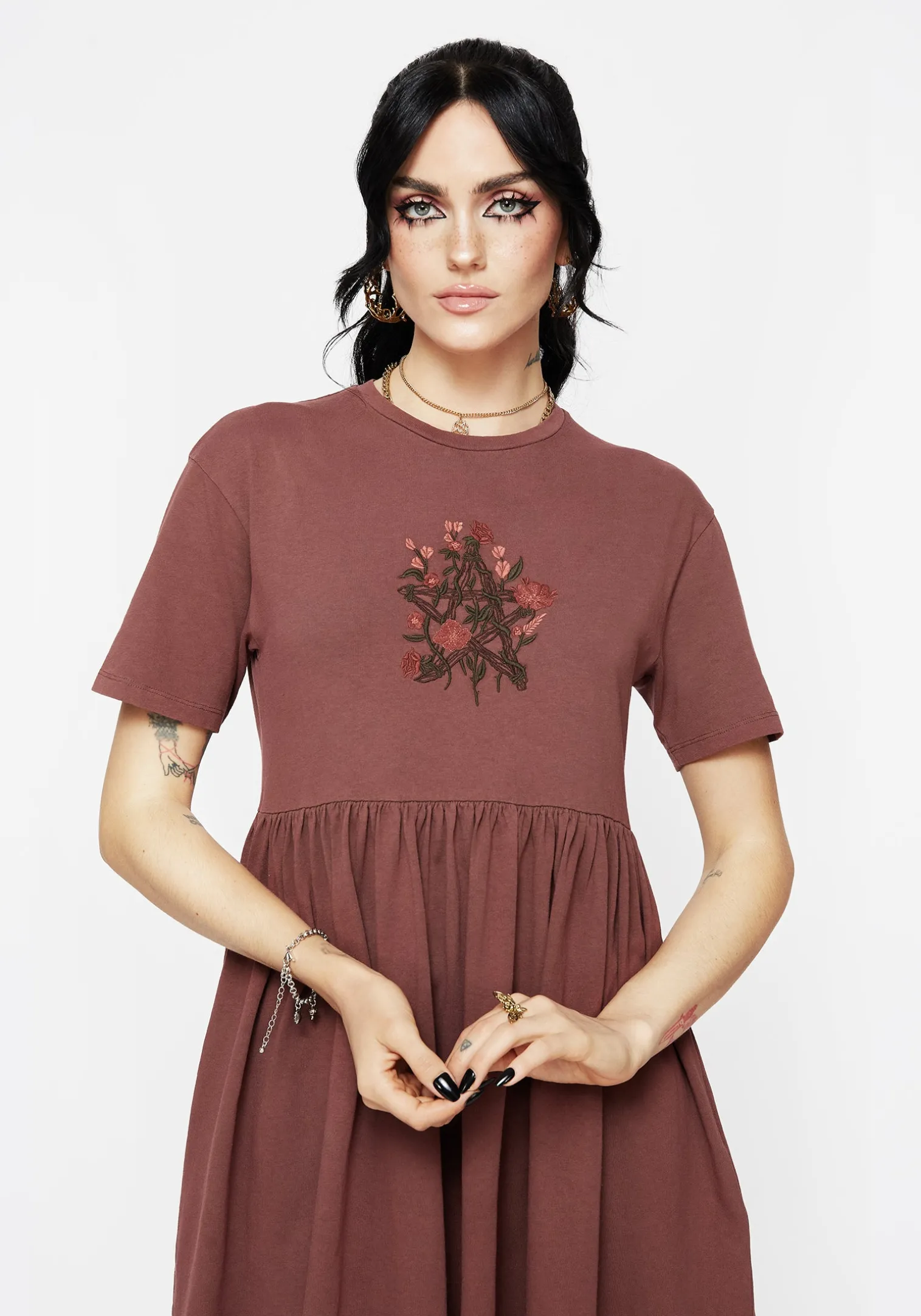 Aster Cotton Pentagram Embroidered Mini Skater Dress