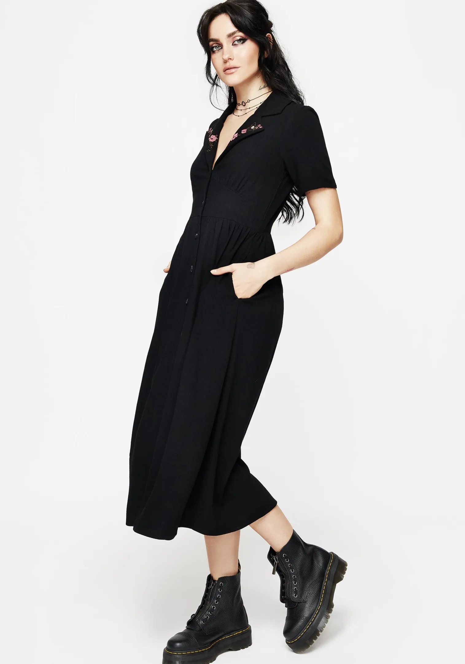 Aster Embroidered Collar Midi Shirt Dress