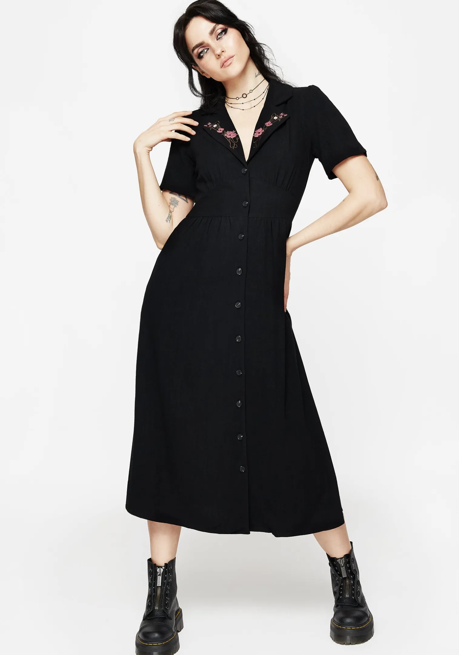 Aster Embroidered Collar Midi Shirt Dress