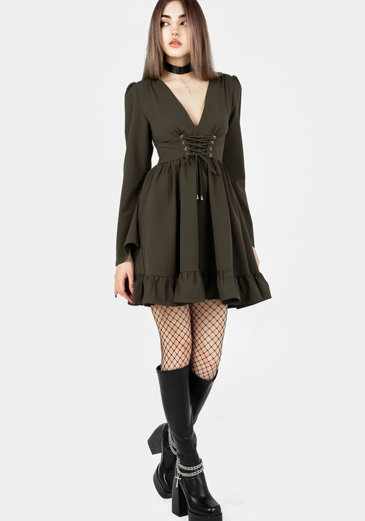 Aura Lace Up Mini Dress - Green