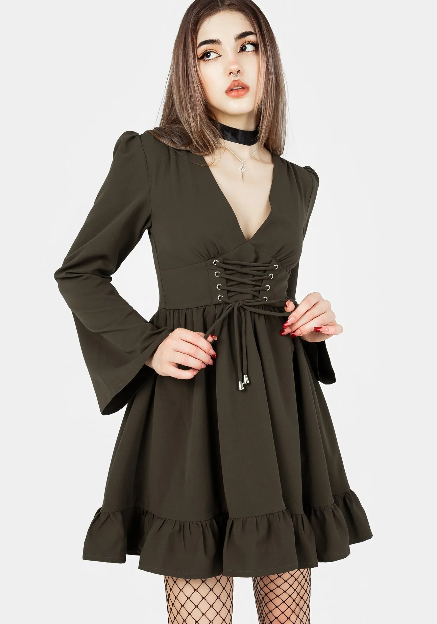 Aura Lace Up Mini Dress - Green
