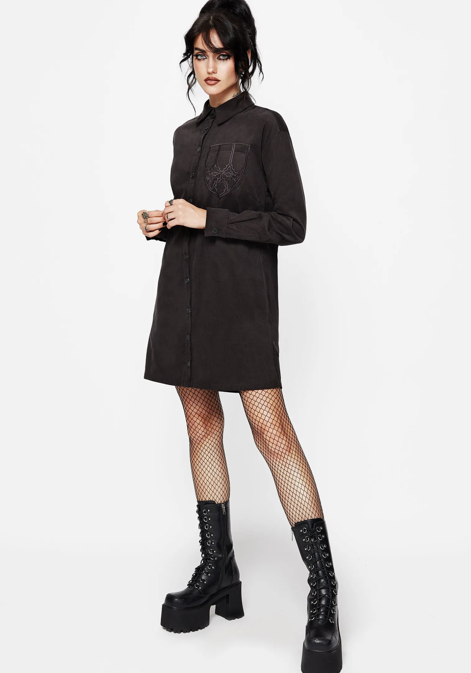 Axis Cotton Pocket Embroidered Mini Shirt Dress