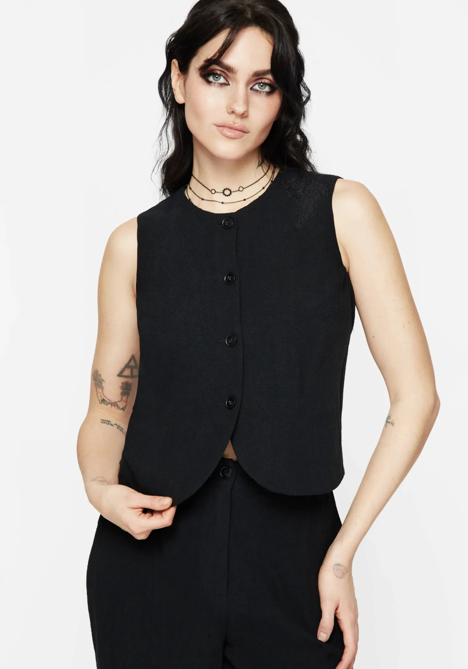 Aya Embroidered Linen Blend Button Front Waistcoat