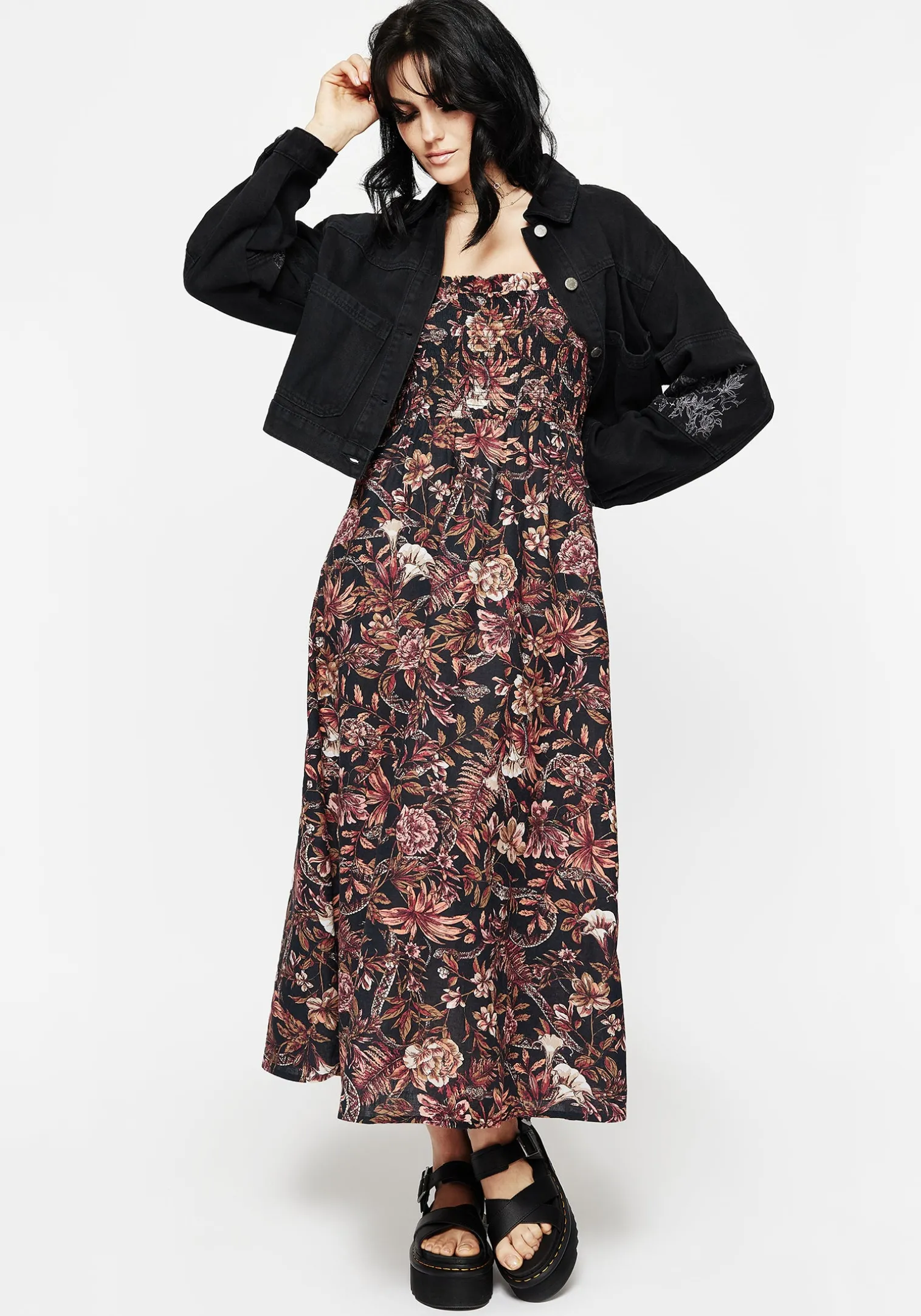 Bashe Cotton Floral Snake Print Midaxi Dress