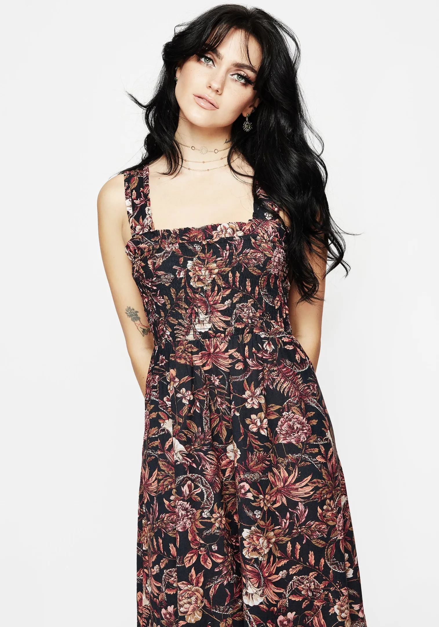 Bashe Cotton Floral Snake Print Midaxi Dress
