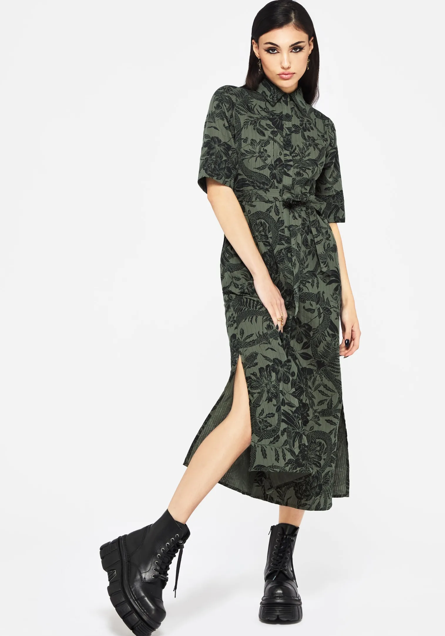 Bashe Cotton Midaxi Shirt Dress - Green