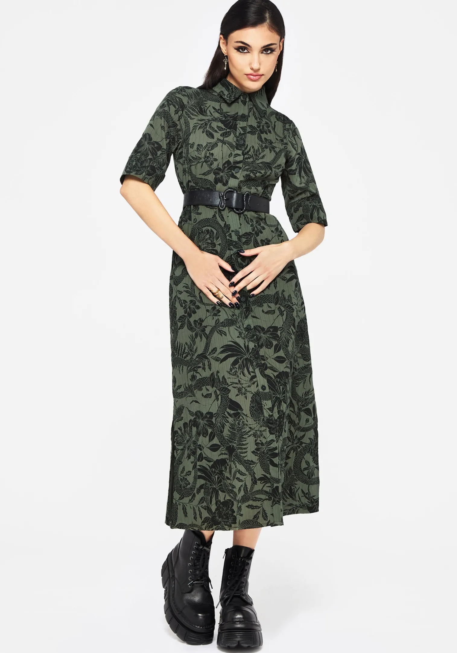 Bashe Cotton Midaxi Shirt Dress - Green