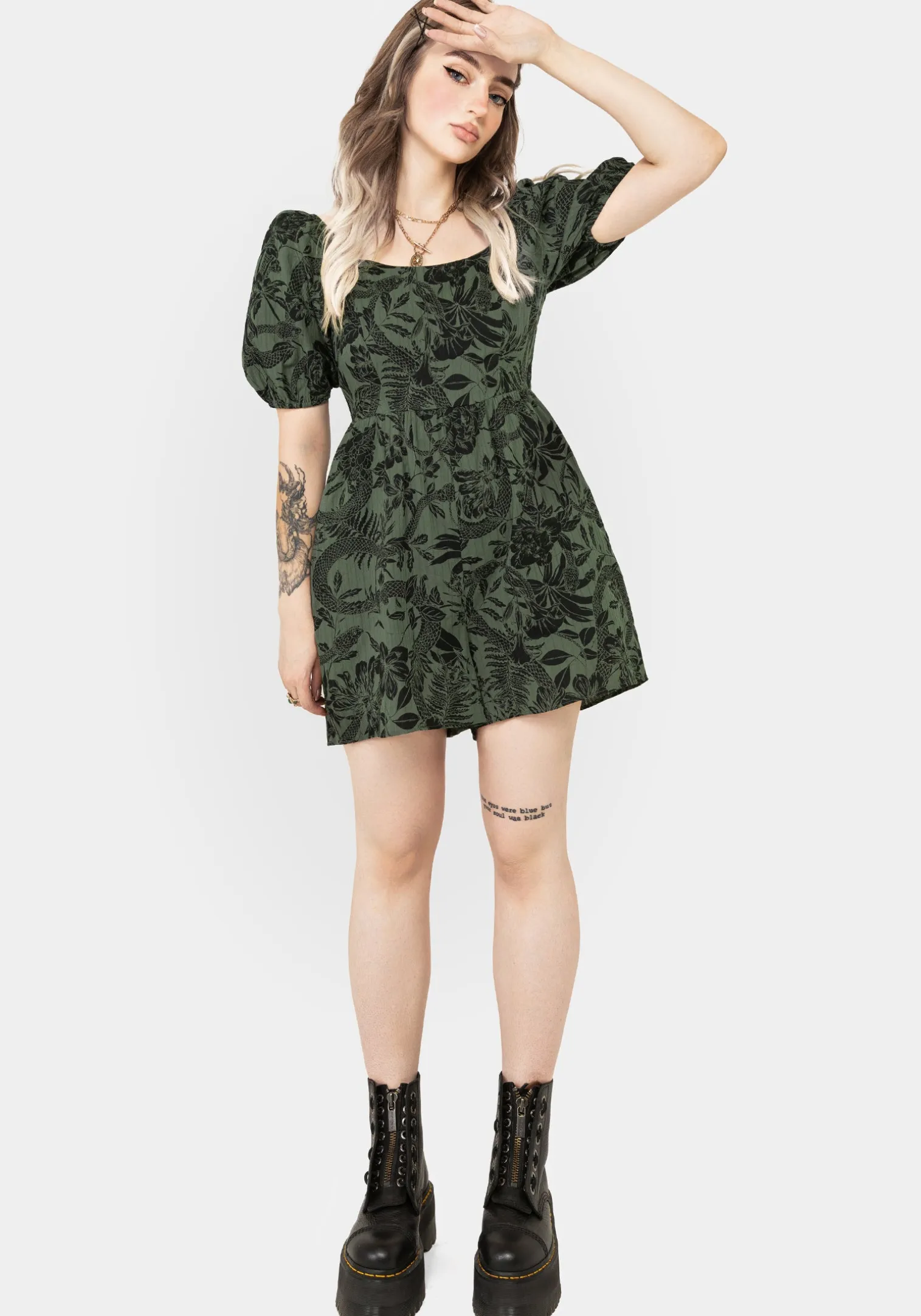 Bashe Cotton Puff Sleeve Playsuit - Green