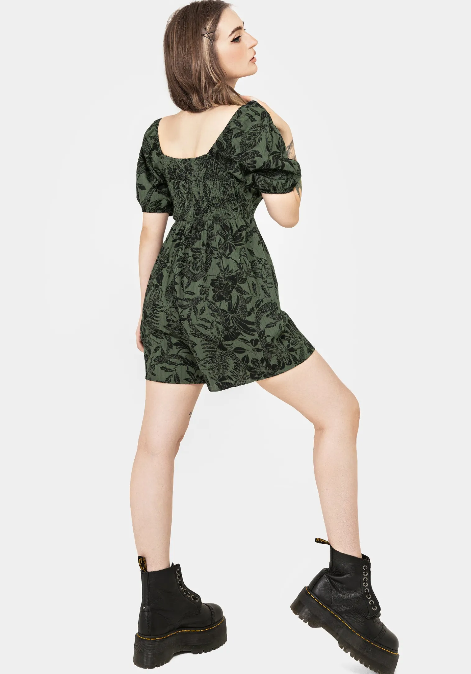 Bashe Cotton Puff Sleeve Playsuit - Green