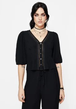Blessing Lace Trim Tapered Waist Blouse Top