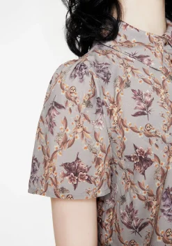 Blossom Floral Tile Printed Cropped Button Up Shirt