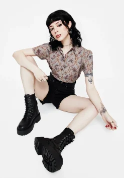 Blossom Floral Tile Printed Cropped Button Up Shirt