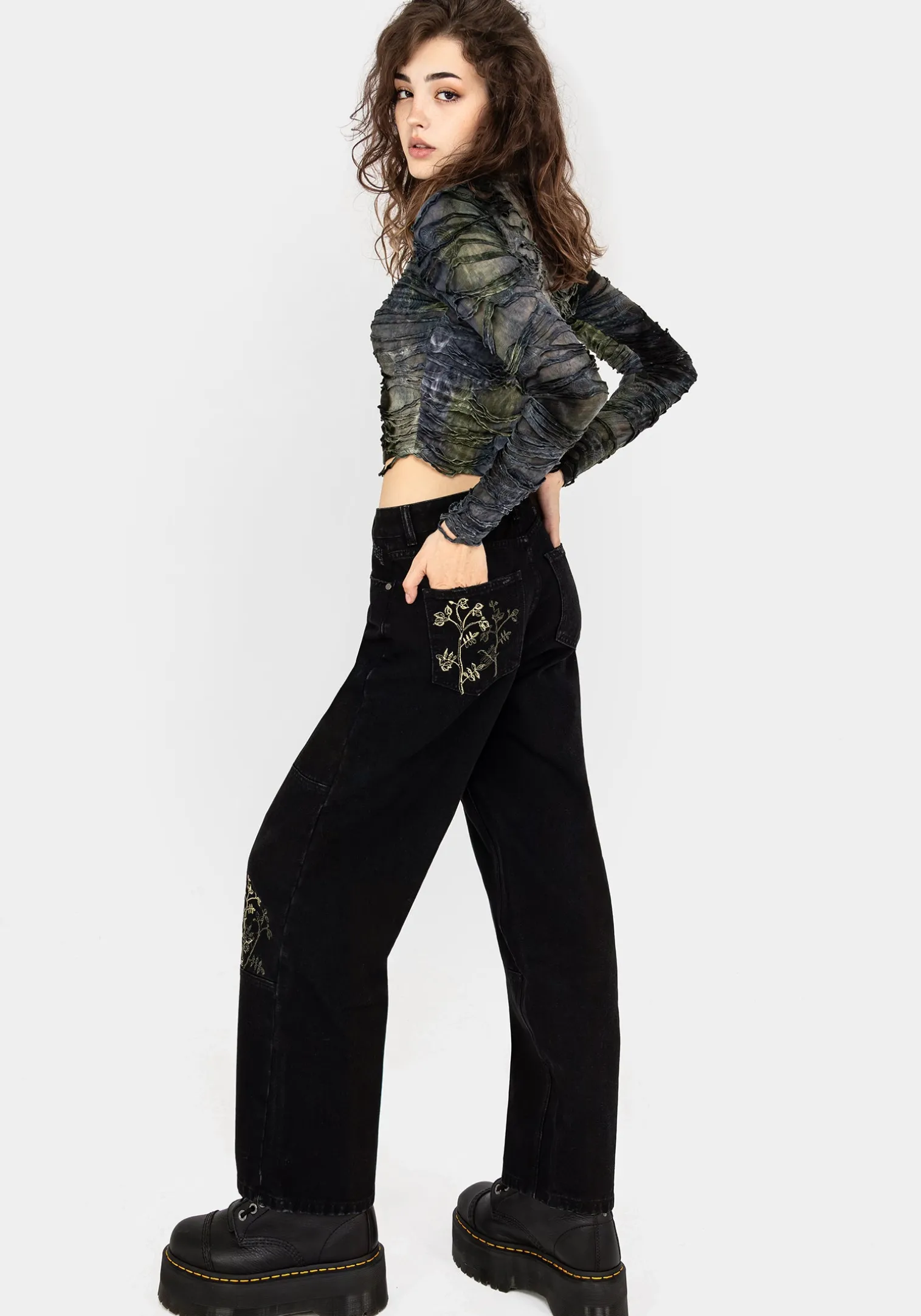 Buckthorn Embroidered Denim Barrel Leg Jeans