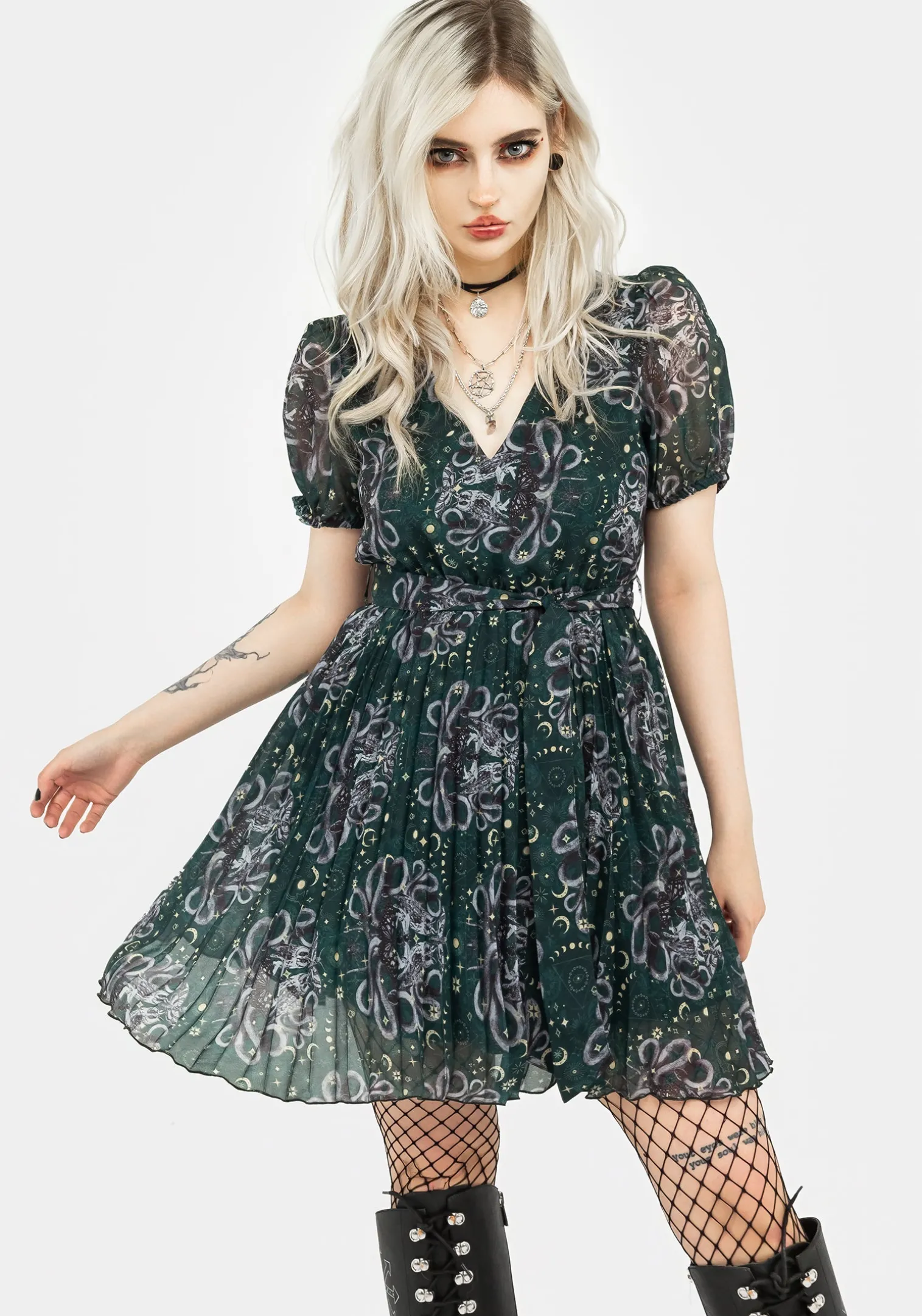 Cailleach Puff Sleeve Pleated Mini Dress