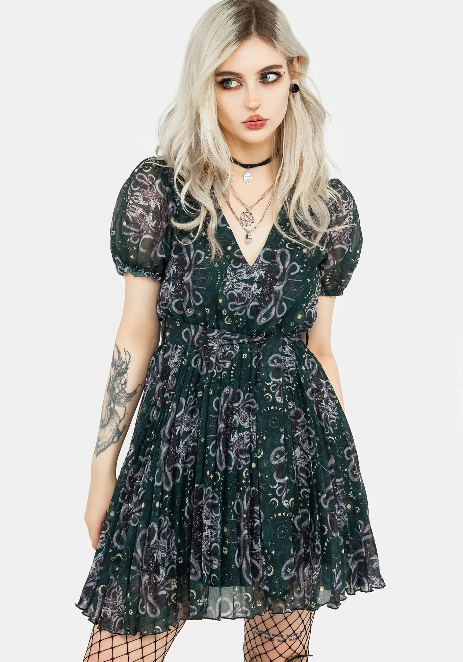 Cailleach Puff Sleeve Pleated Mini Dress