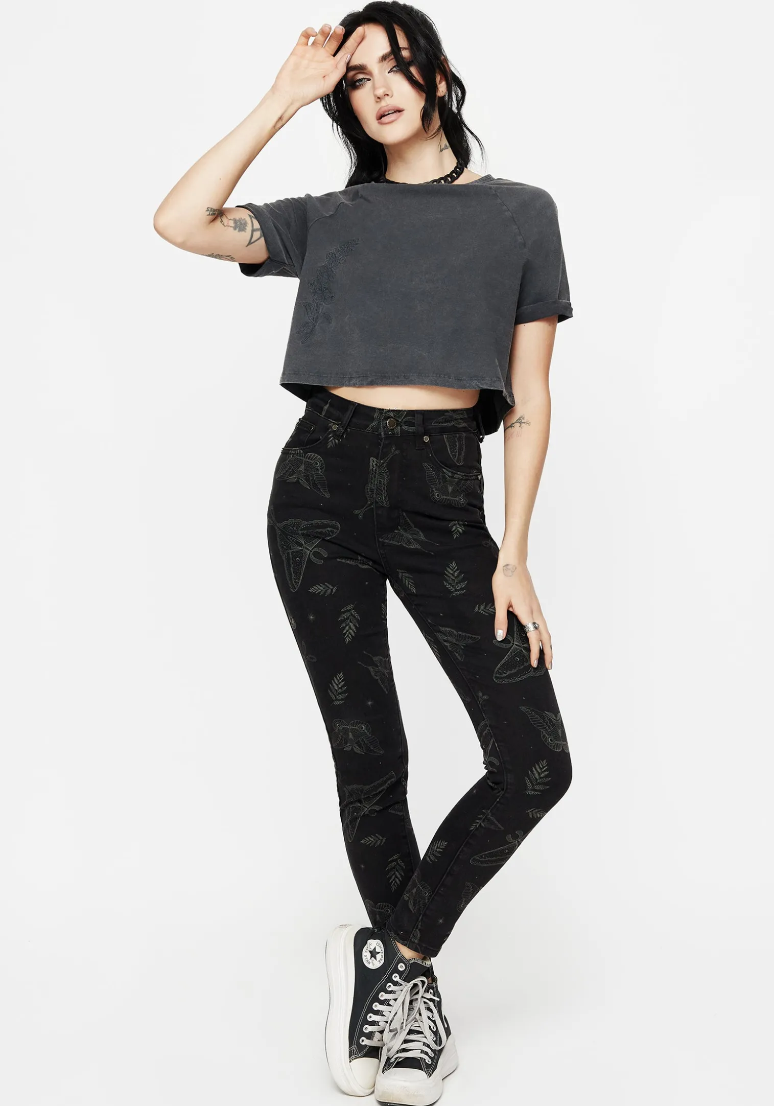 Callopistria Moth Print Denim Skinny Jeans