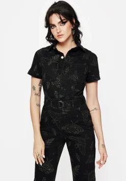 Callopistria Moth Print Denim Jumpsuit