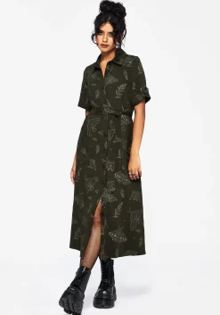 Callopistria Moth Print Midi Shirt Dress - Green