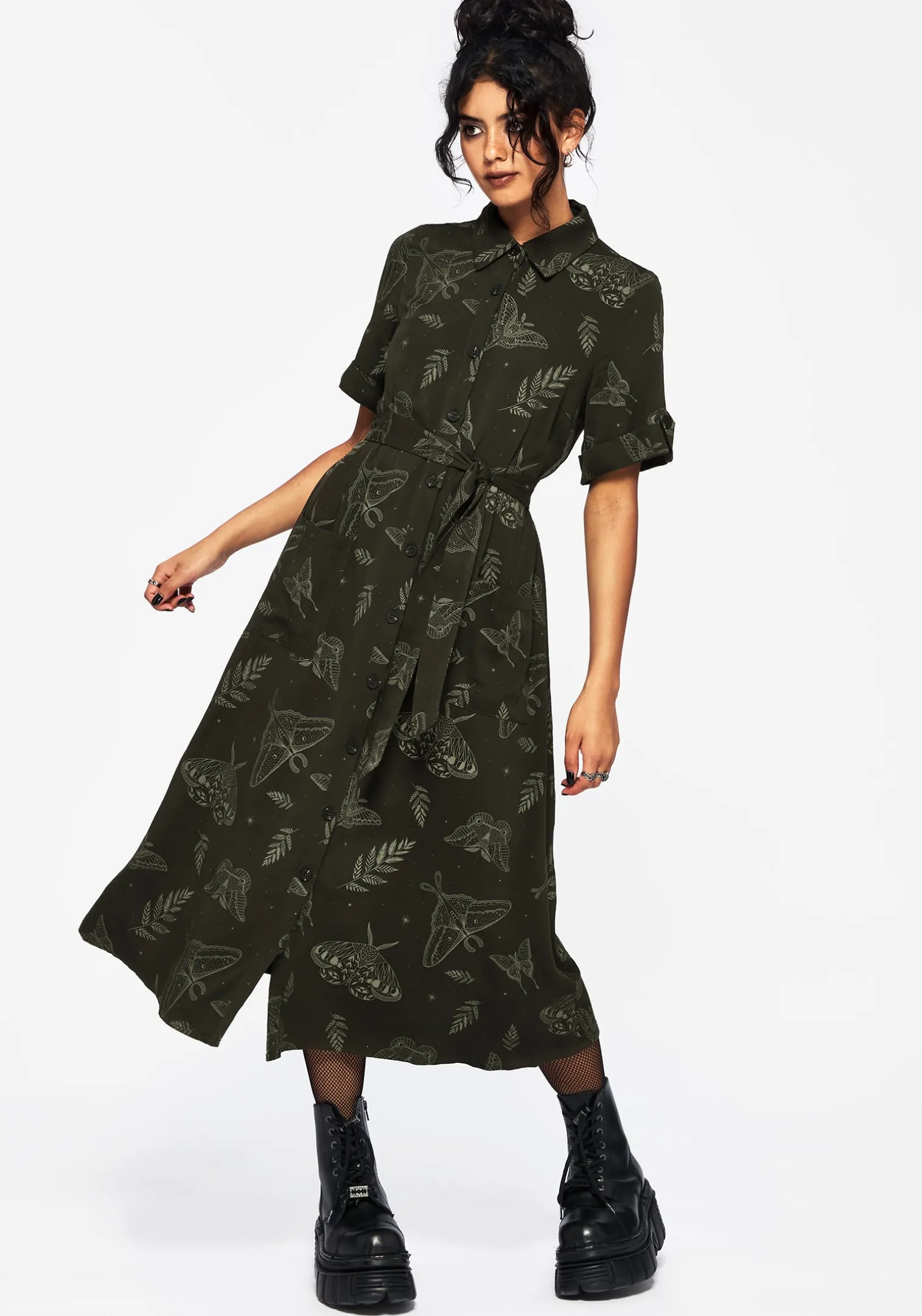 Callopistria Moth Print Midi Shirt Dress - Green