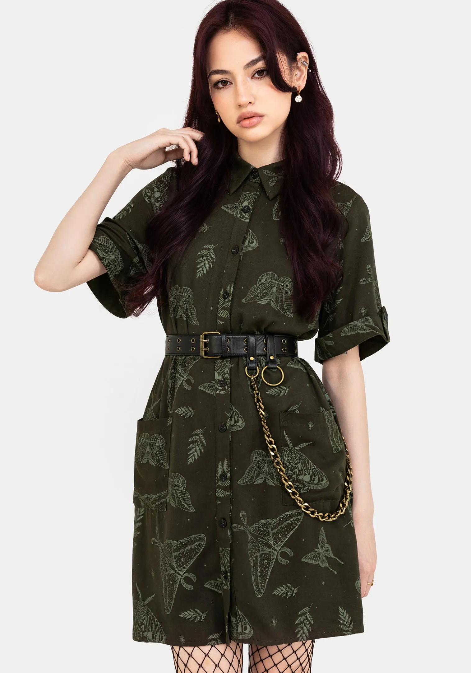 Callopistria Moth Print Mini Shirt Dress - Green