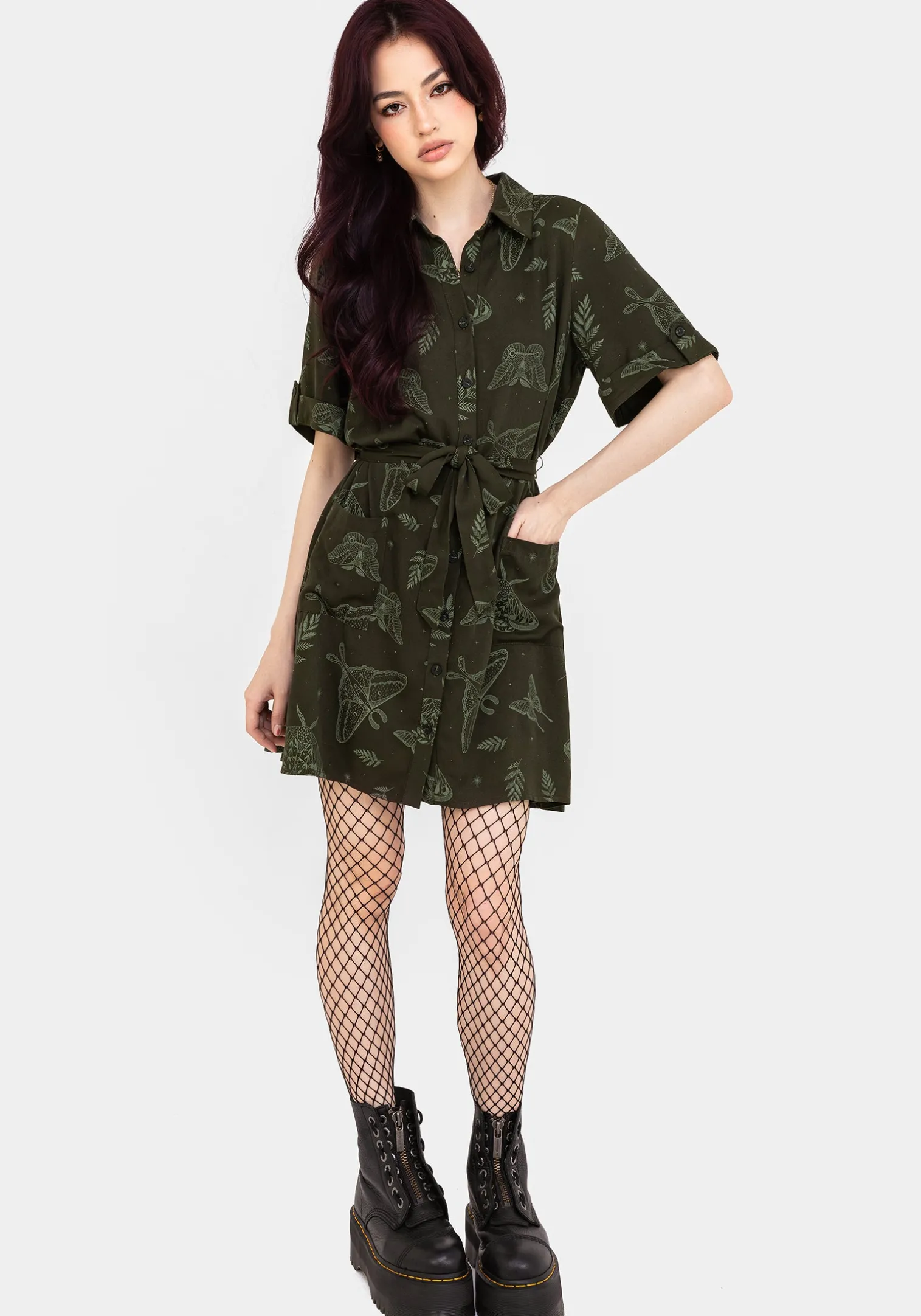 Callopistria Moth Print Mini Shirt Dress - Green