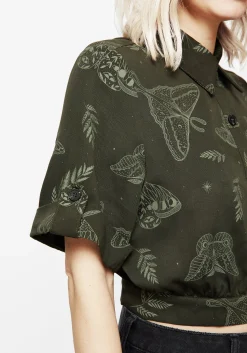 Callopistria Moth Print Short Sleeve Crop Shirt - Green