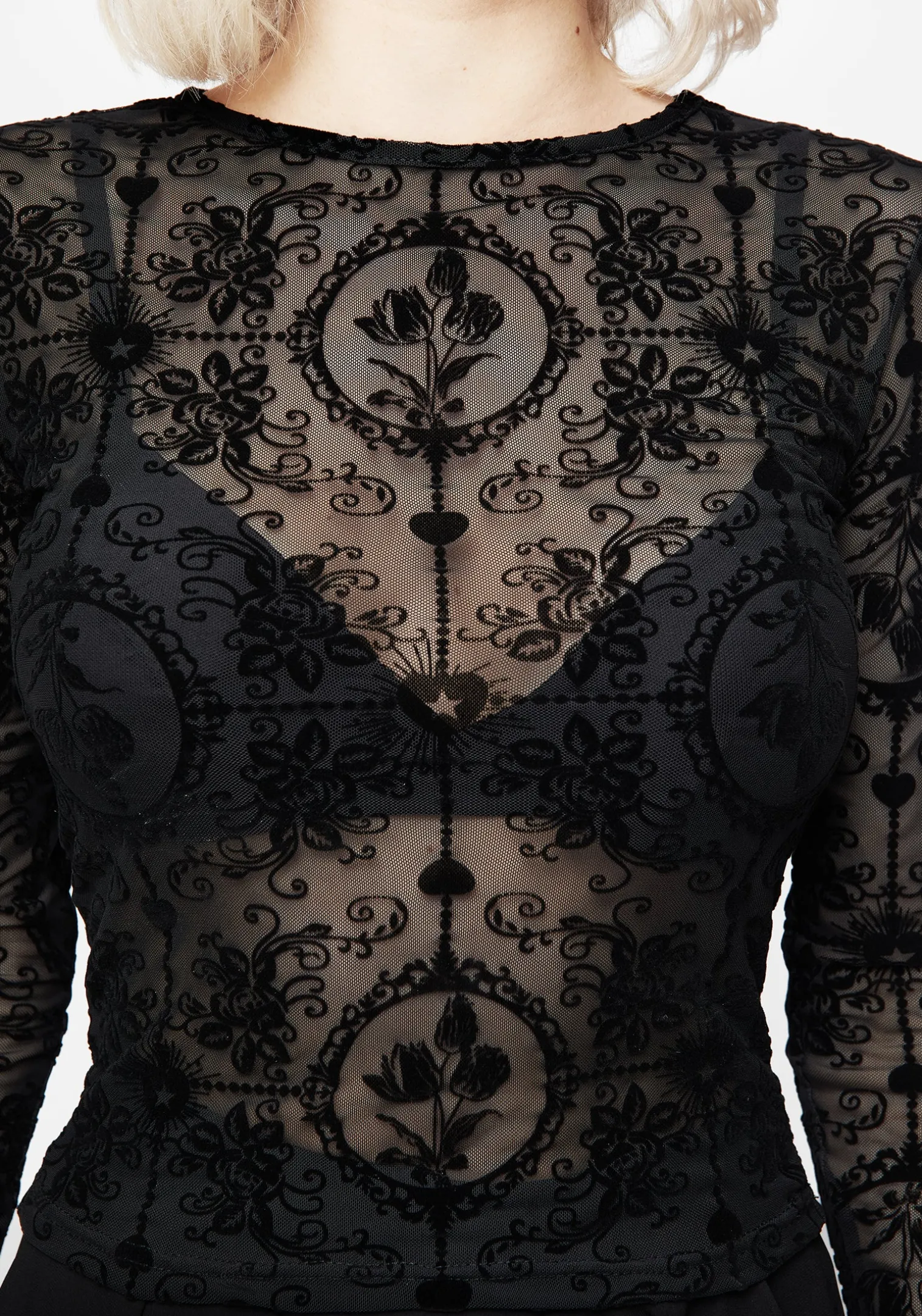 Cameo Floral Flocked Mesh Long Sleeve Top