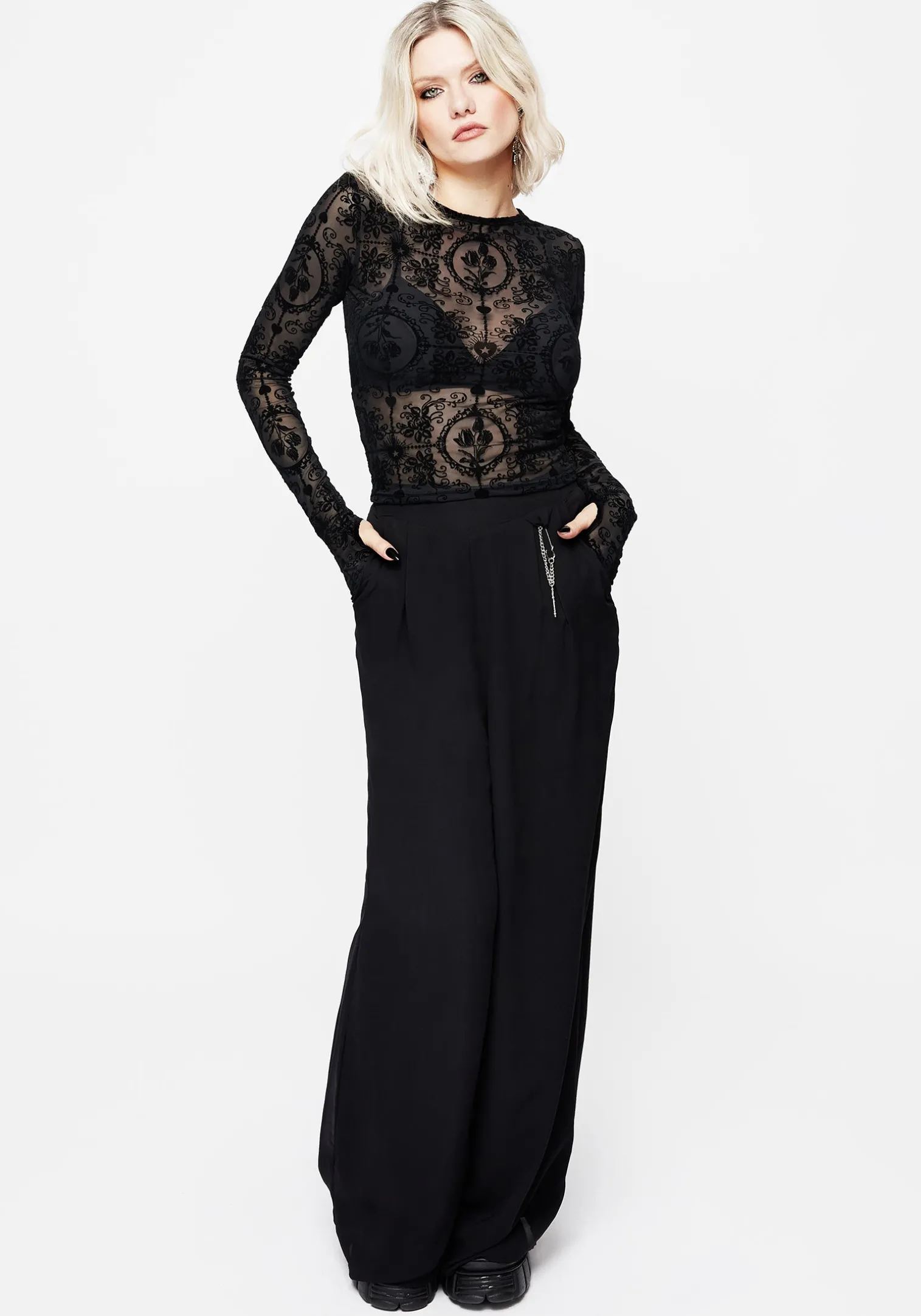 Cameo Floral Flocked Mesh Long Sleeve Top