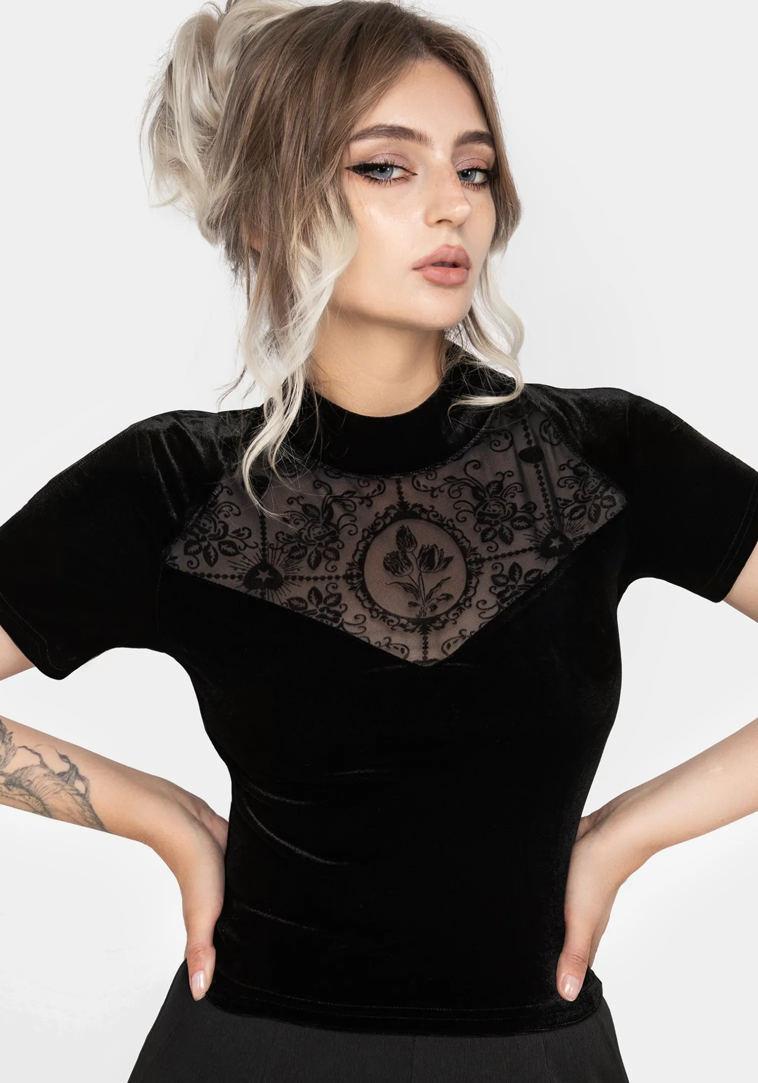 Cameo Floral Flocked Mesh Velour High Neck Top
