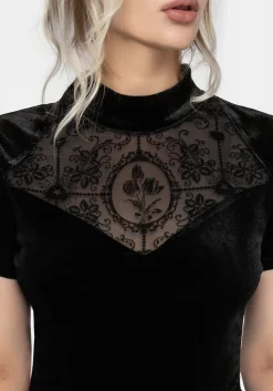Cameo Floral Flocked Mesh Velour High Neck Top