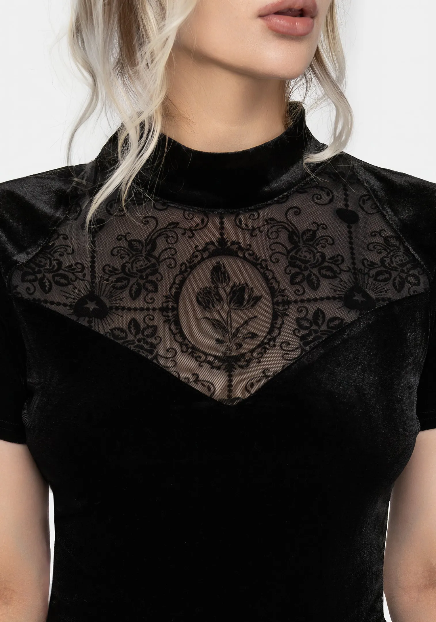 Cameo Floral Flocked Mesh Velour High Neck Top