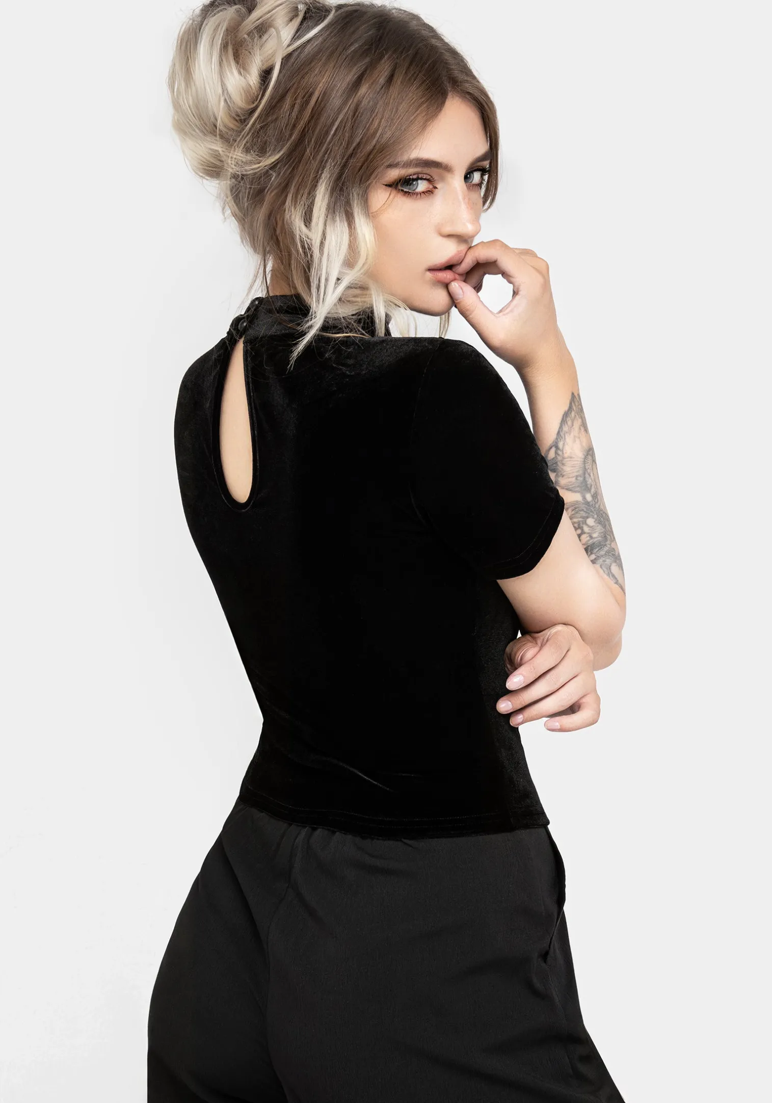 Cameo Floral Flocked Mesh Velour High Neck Top