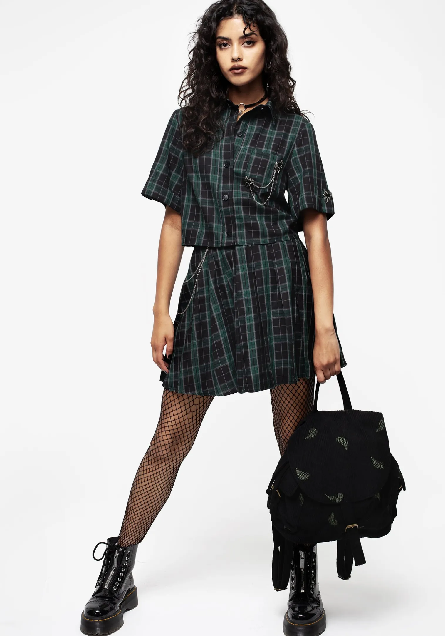 Cardio Check Cotton Pleated Mini Skirt