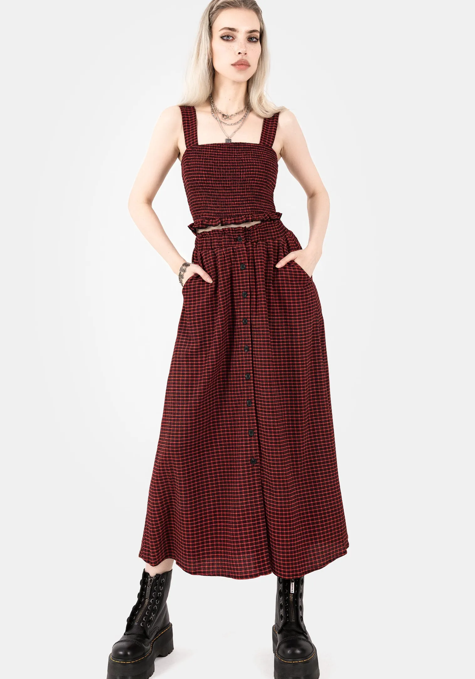 Carmine Textured Check Button Up Midaxi Skirt